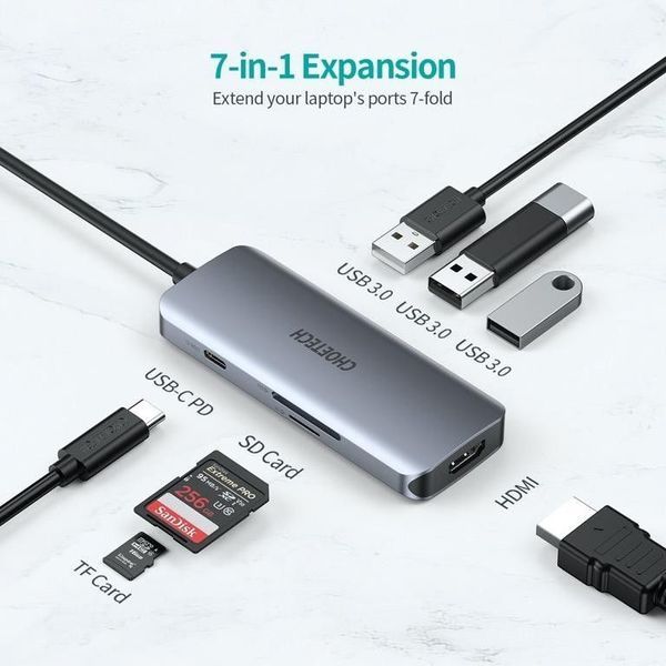 Док-станція Choetech HUB-M19-GY USB-C 7-в-1, сіра