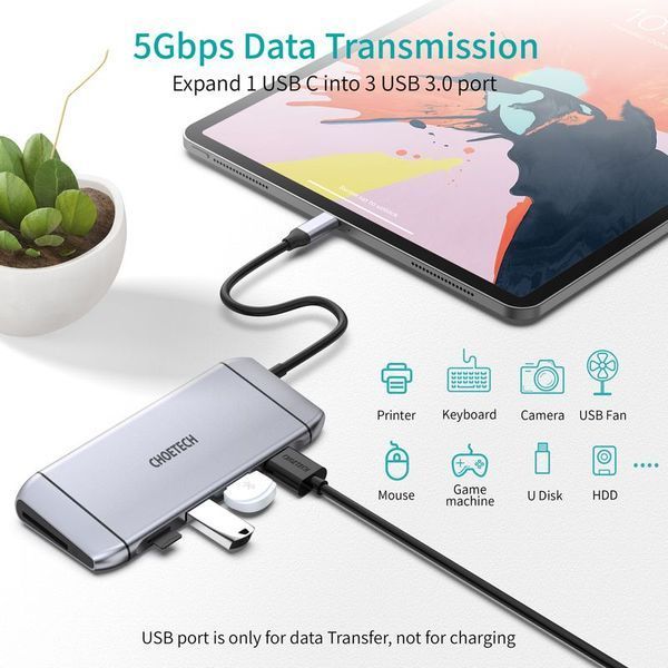 Док-станция Choetech HUB-M15-GY USB-C 9-в-1, серая