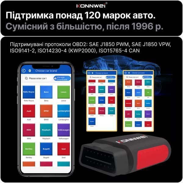 Автосканер OBD2 Konnwei KDIAG діагностичний сканер для авто читання помилок двигуна ELM327 Bluetooth фото