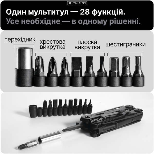 Мультитул ніж складний JoyPoint 28 в 1 багатофункціональний кишеньковий інструмент мультітул з плоскогубцями ножем викруткою для авто туризму чорний фото