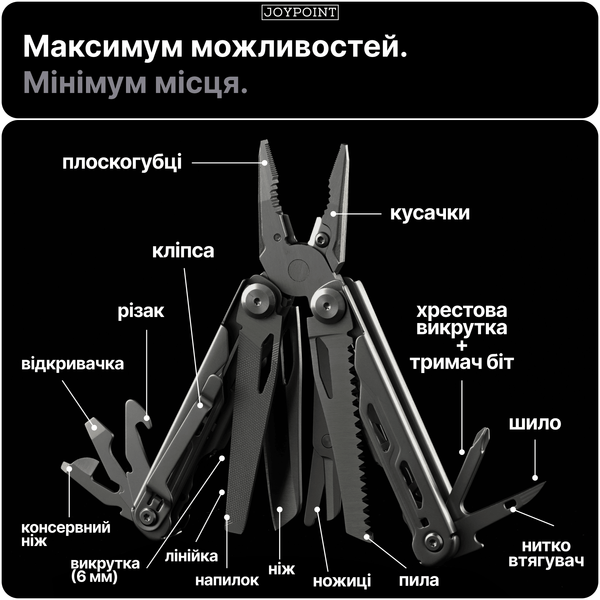 Мультитул ніж складний JoyPoint 28 в 1 багатофункціональний кишеньковий інструмент мультітул з плоскогубцями ножем викруткою для авто туризму чорний фото