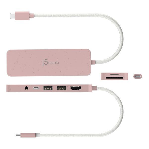 USB-C хаб J5create JCD373ER-N 6-в-1 з HDMI і картрідером, рожевий