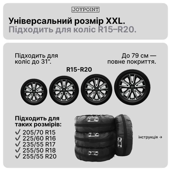 Чехлы для колес и шин R15&ndash;20 JoyPoint набор 4 шт пакеты для хранения и транспортировки автошин и дисков водонепроницаемые многоразовые черные фото
